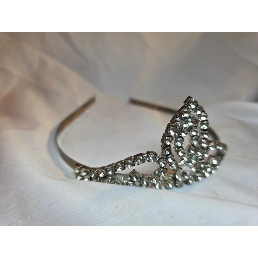 Vintage Silver Rhinestone Tiara Headband Clear Crystal Crown Bridal Prom Costume
